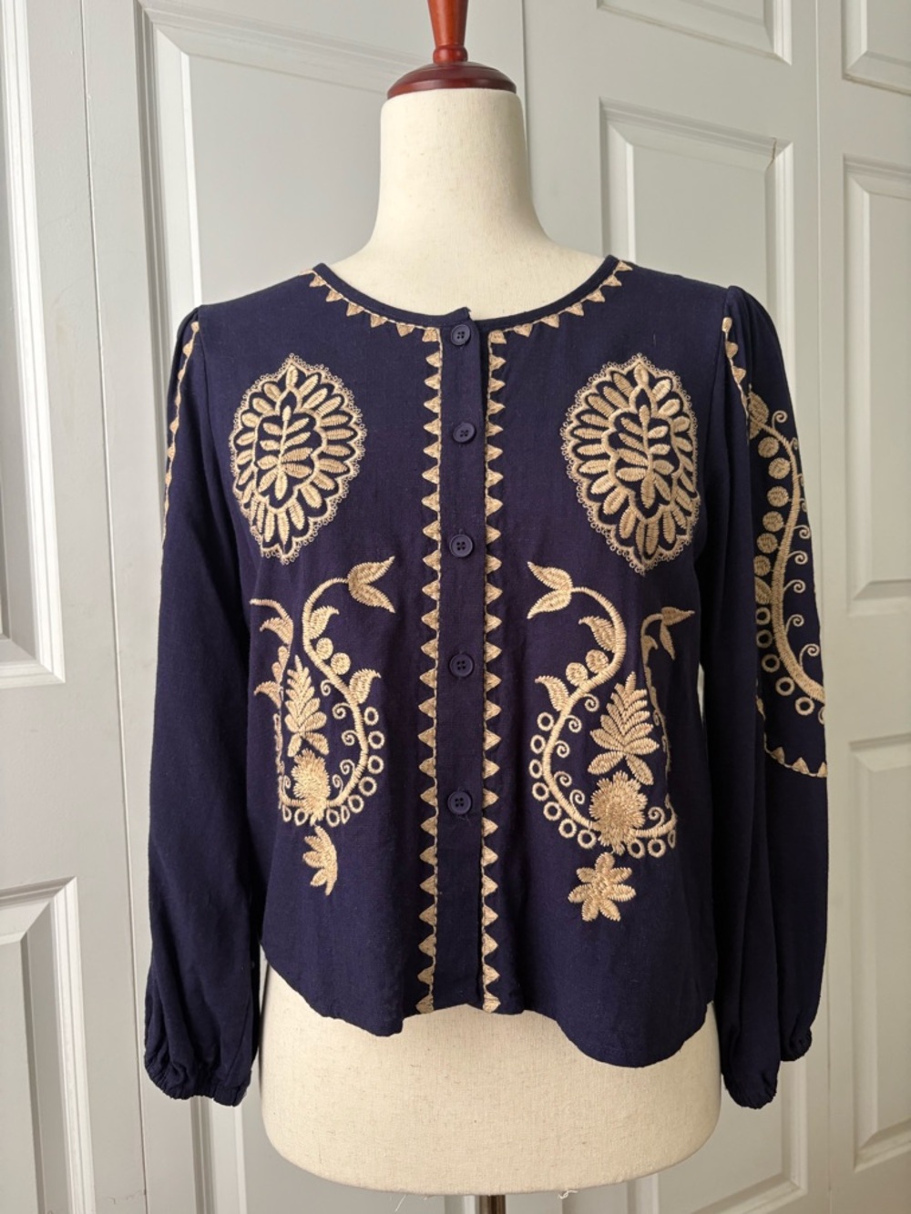 Solitaire Embroidered Navy Blue Button-Front Women’s Top